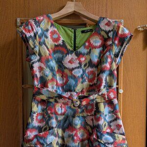 eShakti Multicolor Ikat Print Belted Fit & Flare Dress - Medium